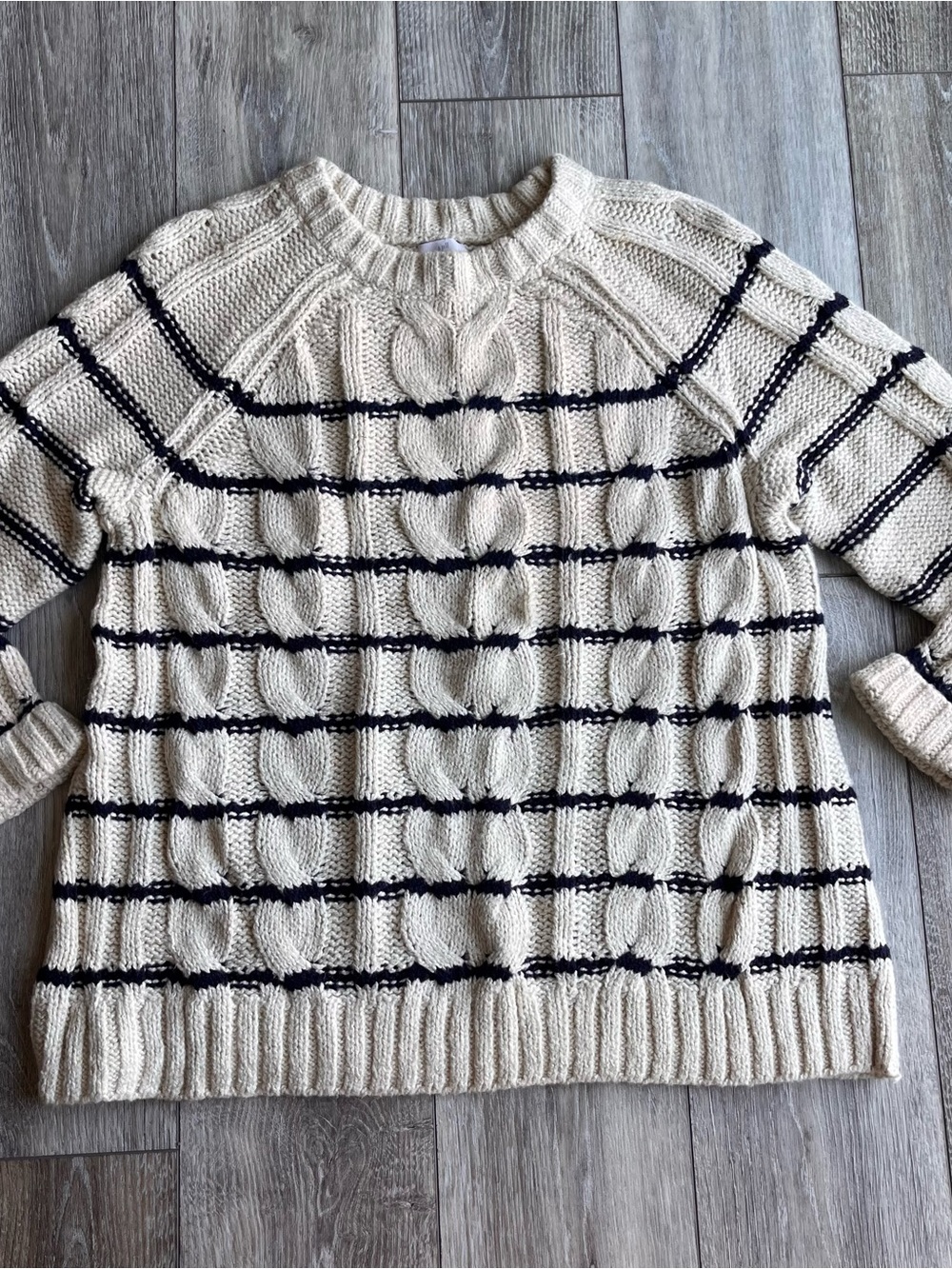 J. Jill Sweater Large Striped Cable Knit Chunky Cotton Blend Pullover Cream Navy